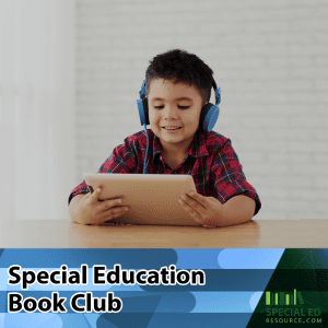 Elementary age boy participating in a special education book club reading session.