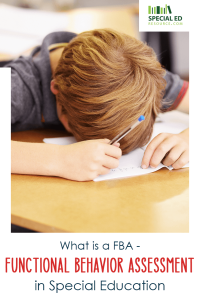 A young boy with light brown hair and a gray shirt sits at a classroom desk with his head down, holding a pen above a sheet of paper. The background is blurred, showing other desks and classroom materials. At the top right corner, there is a 'Special Ed Resource' logo. Below the image, text reads: 'What is a FBA - FUNCTIONAL BEHAVIOR ASSESSMENT in Special Education.'