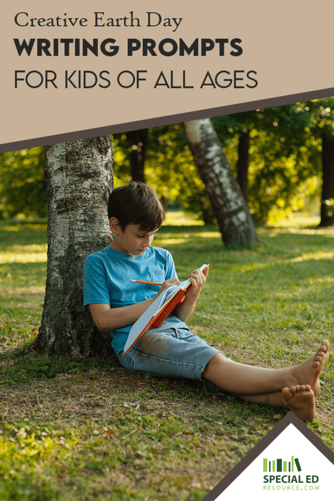 A young boy sits barefoot under a tree on a sunny day, writing in a notebook with a pencil. The text above reads, "Creative Earth Day Writing Prompts for Kids of All Ages." The logo for Special Ed Resource.com is in the bottom corner.
