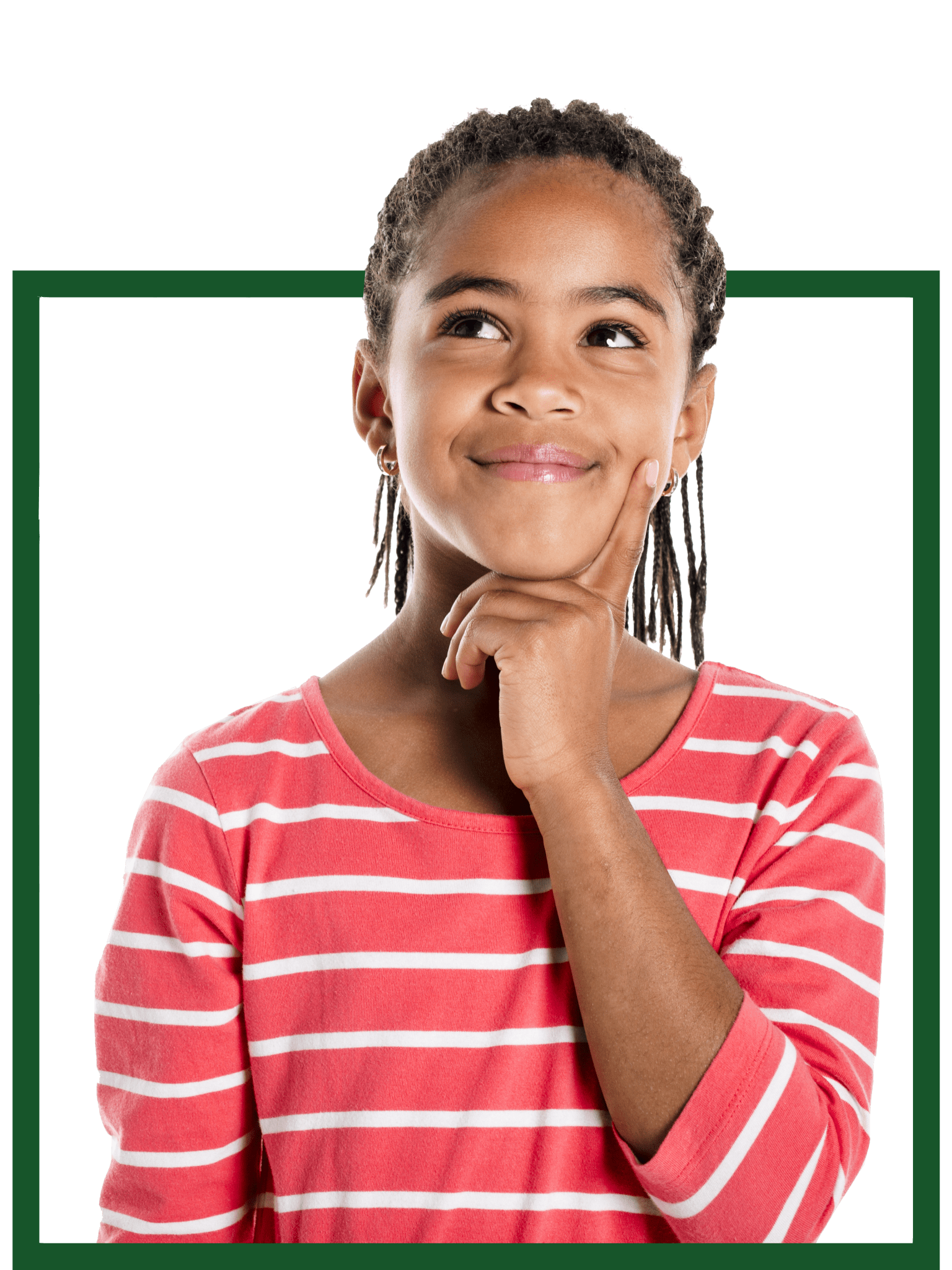 A Girl thinking with his eyes seeing skies with his finger in his chin